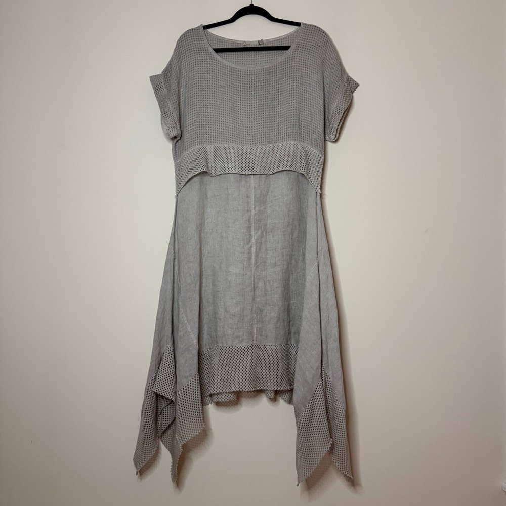 Made in Italy Lagenlook Linen Cotton Mesh Beachy Boho Coastal Gray Midi Dress